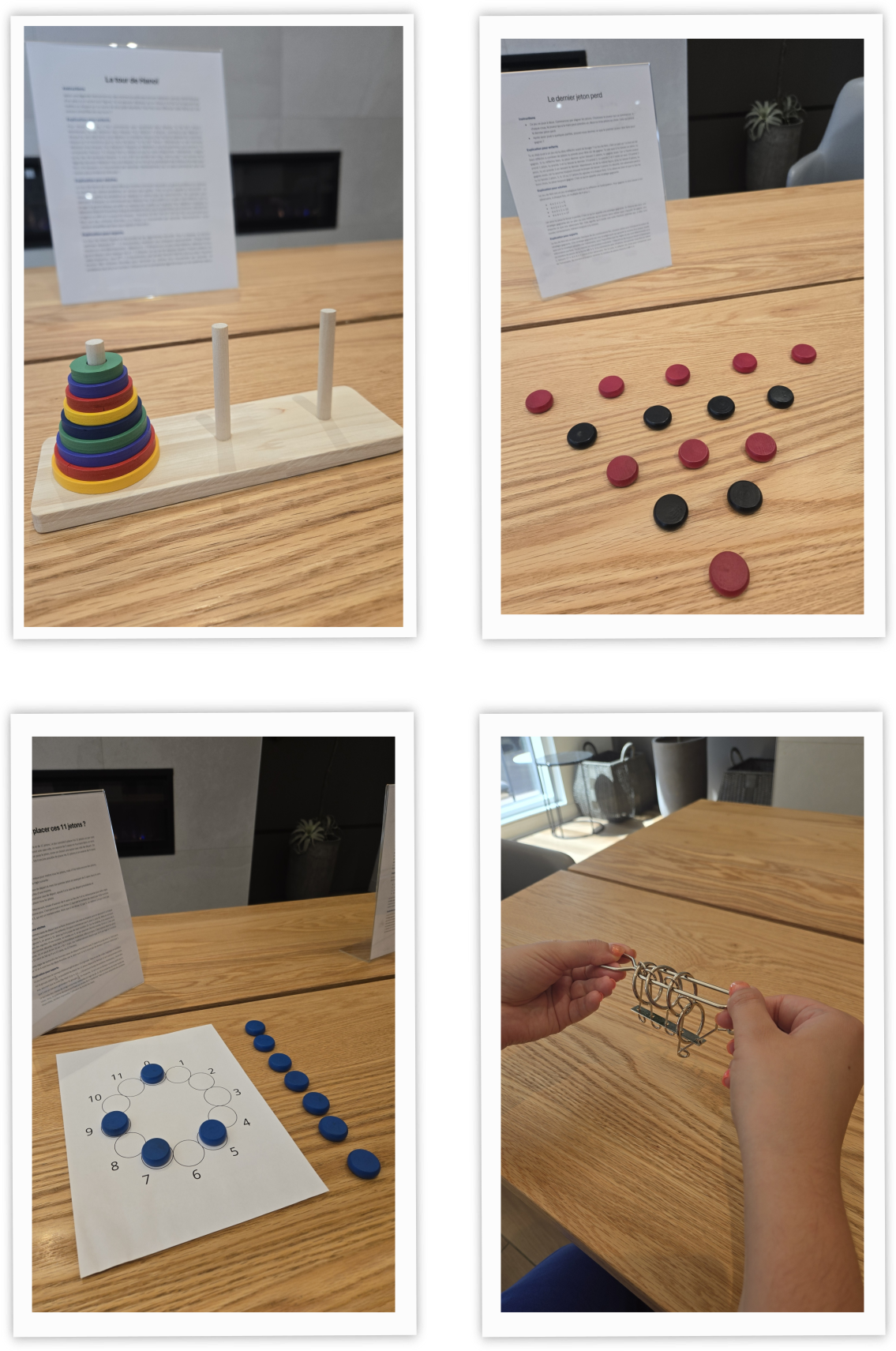 Photos from Walid's DIY math museum night: Tower of Hanoi, a Nim-style token game, a numbered-circle puzzle, and a wire disentanglement puzzle
